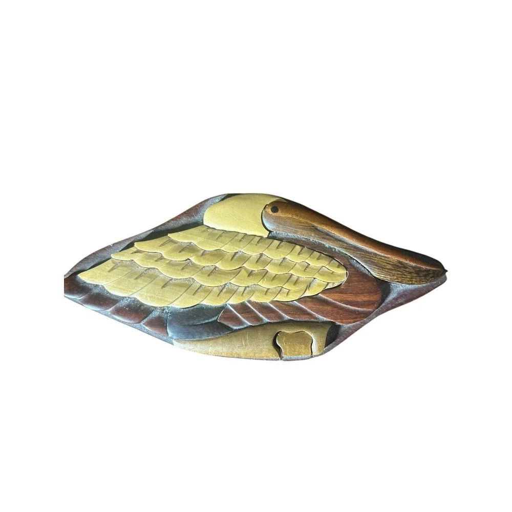 Carved Intarsia Inlaid Tropical Wood Pelican Puzzle Trinket Box Coastal Beachy